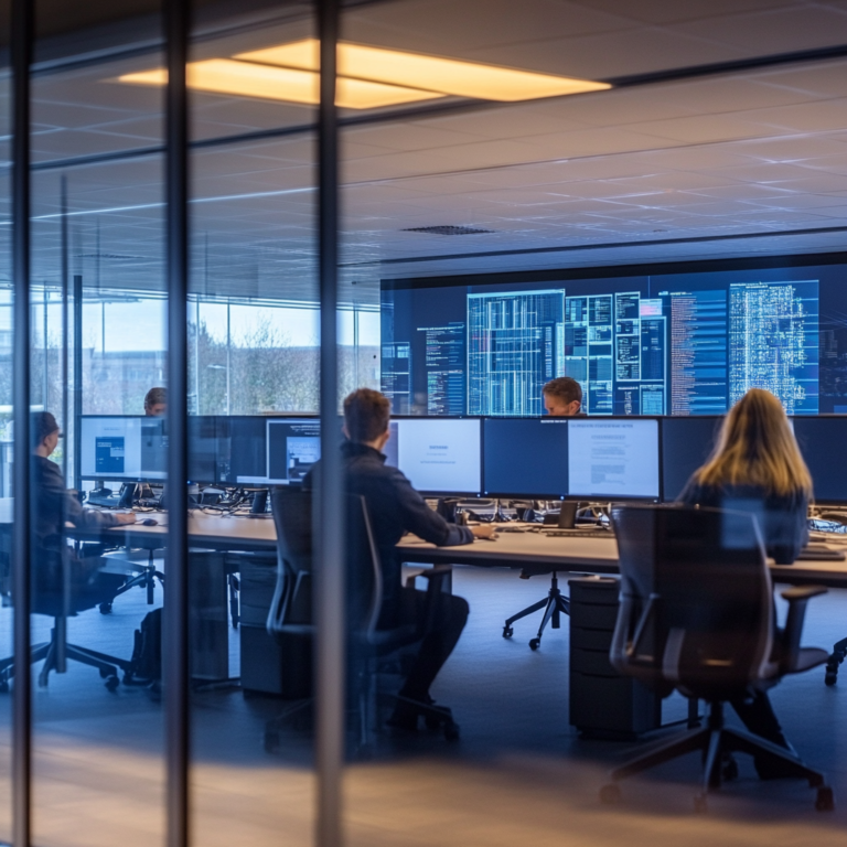 Een futuristische werkplek waar IT-beheerders vanaf hun schermen controle hebben over de digitale beveiliging van een groot kantoor. Schermen tonen interactieve UI's met Chrome-extensies en beveiligingswaarschuwingen. Heldere, moderne kantooromgeving met technische apparatuur en een ontspannen sfeer. Geen tekst of woorden in de afbeelding.