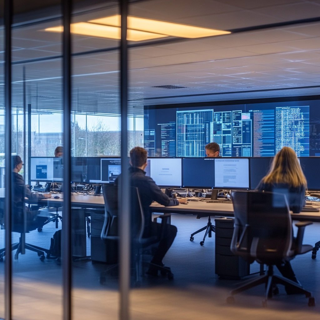 Een futuristische werkplek waar IT-beheerders vanaf hun schermen controle hebben over de digitale beveiliging van een groot kantoor. Schermen tonen interactieve UI's met Chrome-extensies en beveiligingswaarschuwingen. Heldere, moderne kantooromgeving met technische apparatuur en een ontspannen sfeer. Geen tekst of woorden in de afbeelding.