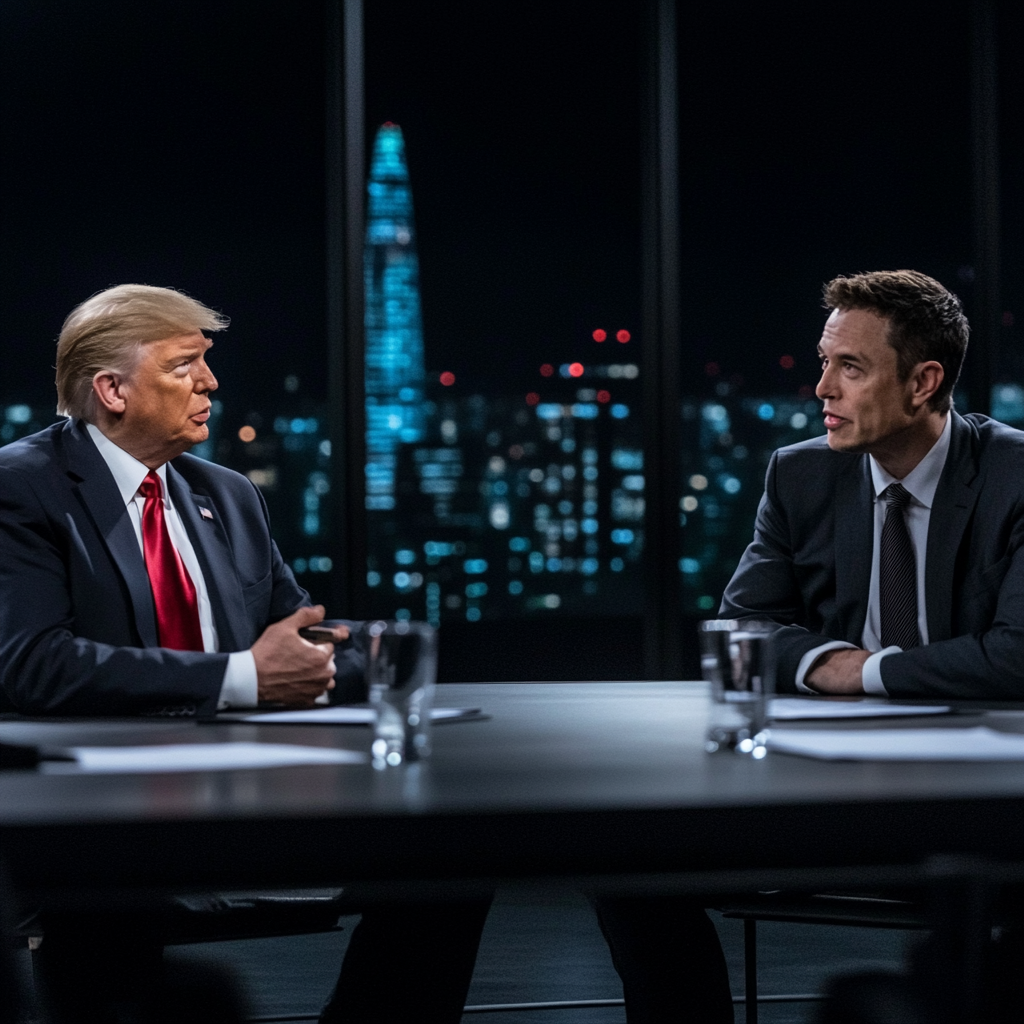 Een dramatische scène met Donald Trump, Elon Musk, en Larry Ellison in discussie over de overname van TikTok. De setting is een moderne vergaderzaal met grote ramen die uitkijken over een stad in de nacht. De sfeer is gespannen en vol verwachting, met kleurrijke verlichting die de gezichten van de mannen benadrukt. Op de achtergrond zijn high-tech gadgets en schermen met TikTok-logo's zichtbaar. Het beeld vangt de essentie van een grootse zakelijke onderhandeling zonder enige tekst of woorden.