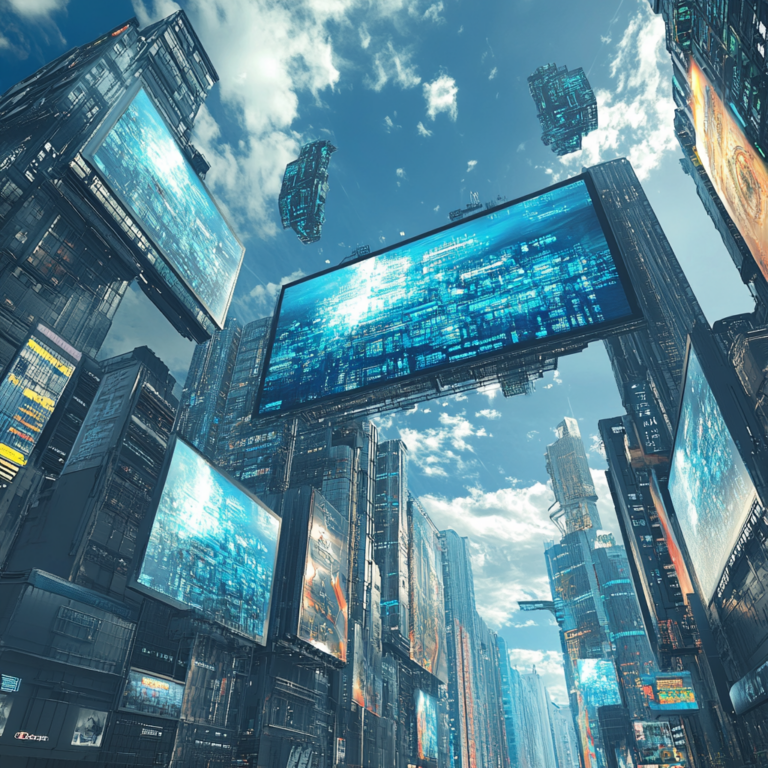 Een futuristisch stadsbeeld dat de technologische vooruitgang symboliseert, met glinsterende wolkenkrabbers en digitale schermen die de dynamiek van AI en downloads suggereren. De lucht is helder en blauw, terwijl in de verte een groot billboard de naam 'DeepSeek' subtiel weergeeft zonder tekst. Mensen van verschillende achtergronden kijken omhoog, verrast en gefascineerd, terwijl de zon ondergaat en de stad een gouden gloed geeft. Geen tekst of woorden in de afbeelding.