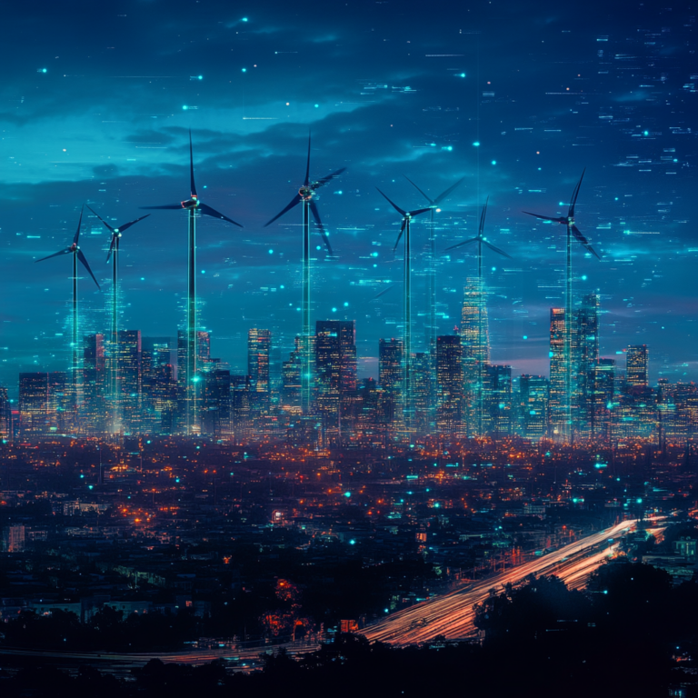 Een futuristische visie van de Amerikaanse energiemarkt, getransformeerd door DeepSeek's AI-model. Het beeld toont een skyline vol met innovatieve energiecentrales en AI-gestuurde technologie. Felgekleurde energiepatronen vloeien door de stad, symboliserend de krachtige verandering. De lucht is helder en vol sterren, terwijl de stad baadt in een futuristisch blauw en groen licht dat technologie en duurzaamheid benadrukt. Geen tekst of woorden in de afbeelding.