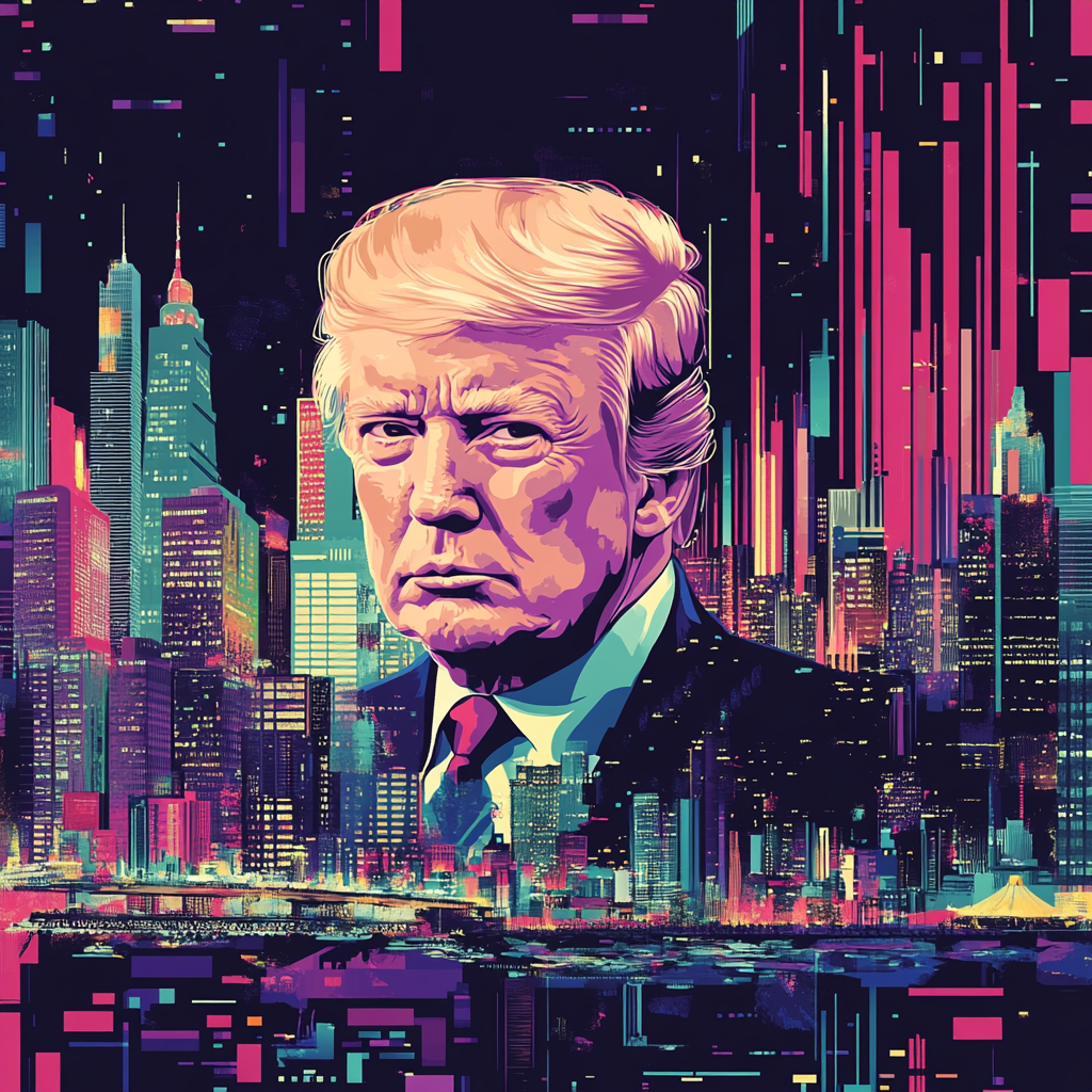 Een dramatisch en kleurrijk landschap van een digitale munt met het gezicht van Donald Trump erop, zwevend boven een skyline vol dynamische en futuristische stedelijke architectuur. De luchten zijn gevuld met levendige kleuren die de levendigheid en het controversiële karakter van de memecoin symboliseren. De sfeer is mysterieus en opwindend, met een vleugje chaos en innovatie. Geen tekst of woorden in de afbeelding.
