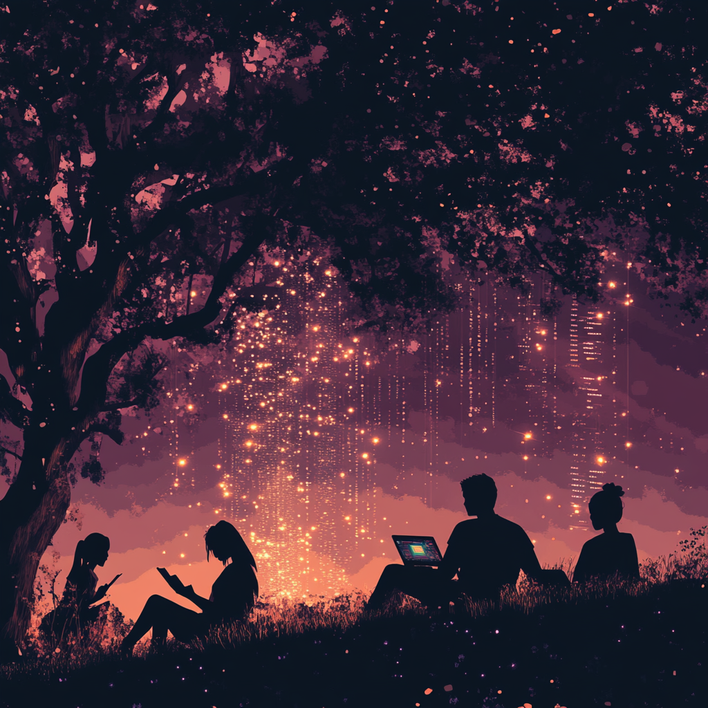 Een dramatische scène van een digitaal landschap met kwetsbaarheden en bedreigingen. Gebruik koele, donkere tinten om een gevoel van spanning en onzekerheid uit te beelden. In de achtergrond zijn vage silhouetten van studenten en leraren, symboliserend de impact van een datalek. Geen tekst of woorden in de afbeelding.