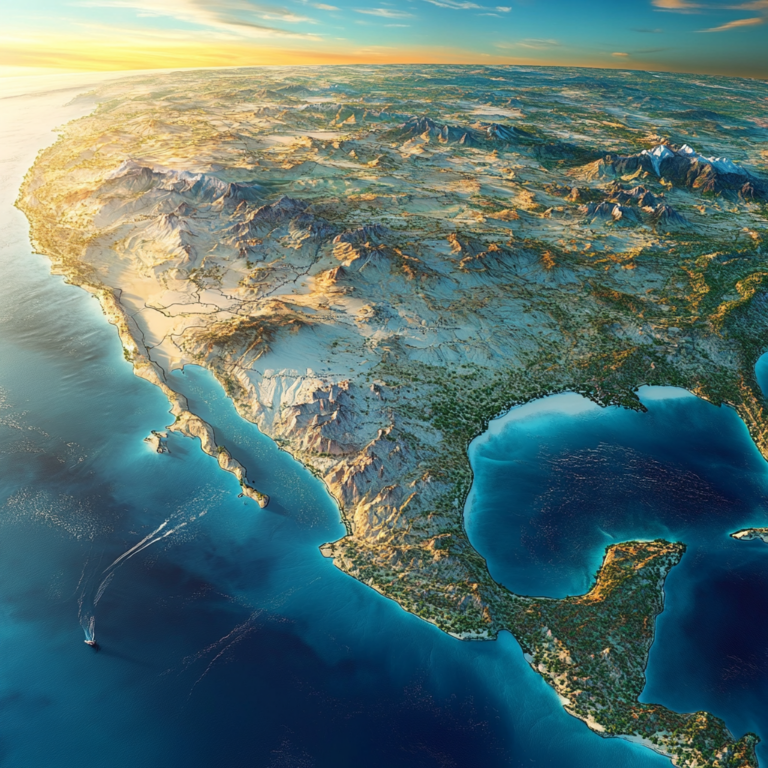 Een ingrijpende en kleurrijke kaart van de Golf van Mexico, nu omgedoopt tot 'Gulf of America', met iconische Amerikaanse landschappen en een moderne weergave van digitale kaarten. Geen tekst of woorden in de afbeelding, puur visueel spektakel met levendige kleuren en gedetailleerde geografische kenmerken.