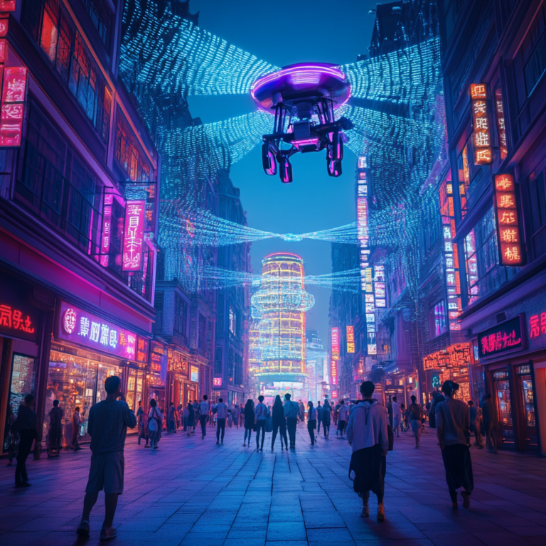 Een futuristisch stadslandschap waar wolkenkrabbers zijn geïntegreerd met geavanceerde energie-opwekkingssystemen zoals zonnepanelen en windturbines. De gebouwen stralen een gevoel van innovatie en duurzaamheid uit, met een levendige skyline en een heldere blauwe lucht. Mensen lopen vreedzaam door de groene straten, symbolisch voor een harmonieus stadsleven dat draait op duurzame energie. Geen tekst of woorden in de afbeelding.