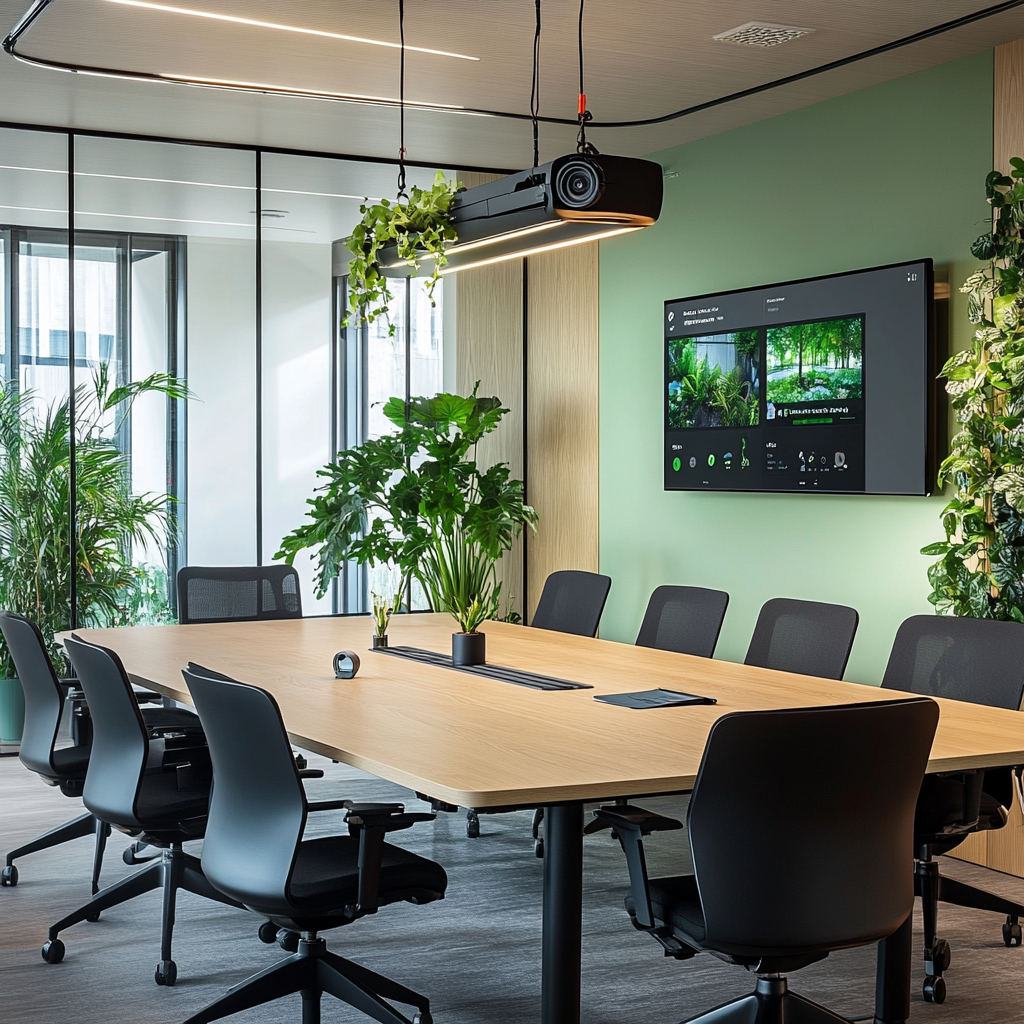 Een high-tech kantooromgeving met de Logitech Rally Camera Streamline Kit prominent in beeld. De camera is gemonteerd op een stijlvolle conferentietafel, omringd door moderne stoelen en een groot scherm. De ruimte is helder verlicht, met glazen wanden en groene planten die een professionele maar uitnodigende sfeer creëren. De camera is het centrale element, met subtiele accenten die de geavanceerde technologie benadrukken. Geen tekst of woorden in de afbeelding, enkel een visueel aantrekkelijk en functioneel design.