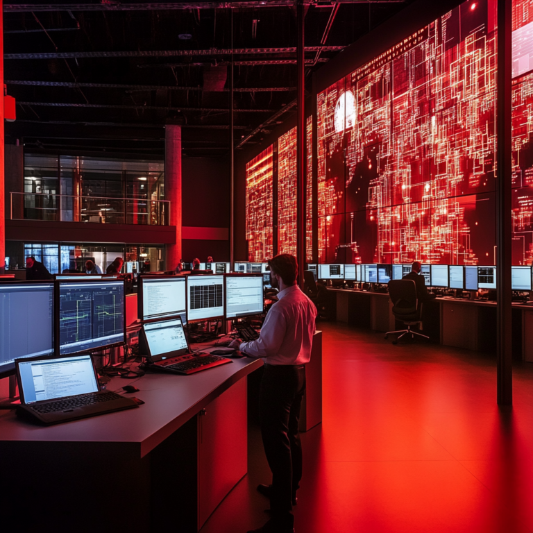Een dramatische scène die een futuristische techomgeving afbeeldt, waar AI en grote dataservers in het geheim worden onderworpen aan ingewikkelde algoritmes. De belichting is mysterieus, met een focus op de immense schaal van de servers en digitale netwerken. Op de achtergrond zijn subtiele hints van juridische en ethische dilemma's die zich afspelen in de wereld van kunstmatige intelligentie. De sfeer is intens en intrigerend, zonder tekst of woorden in de afbeelding.