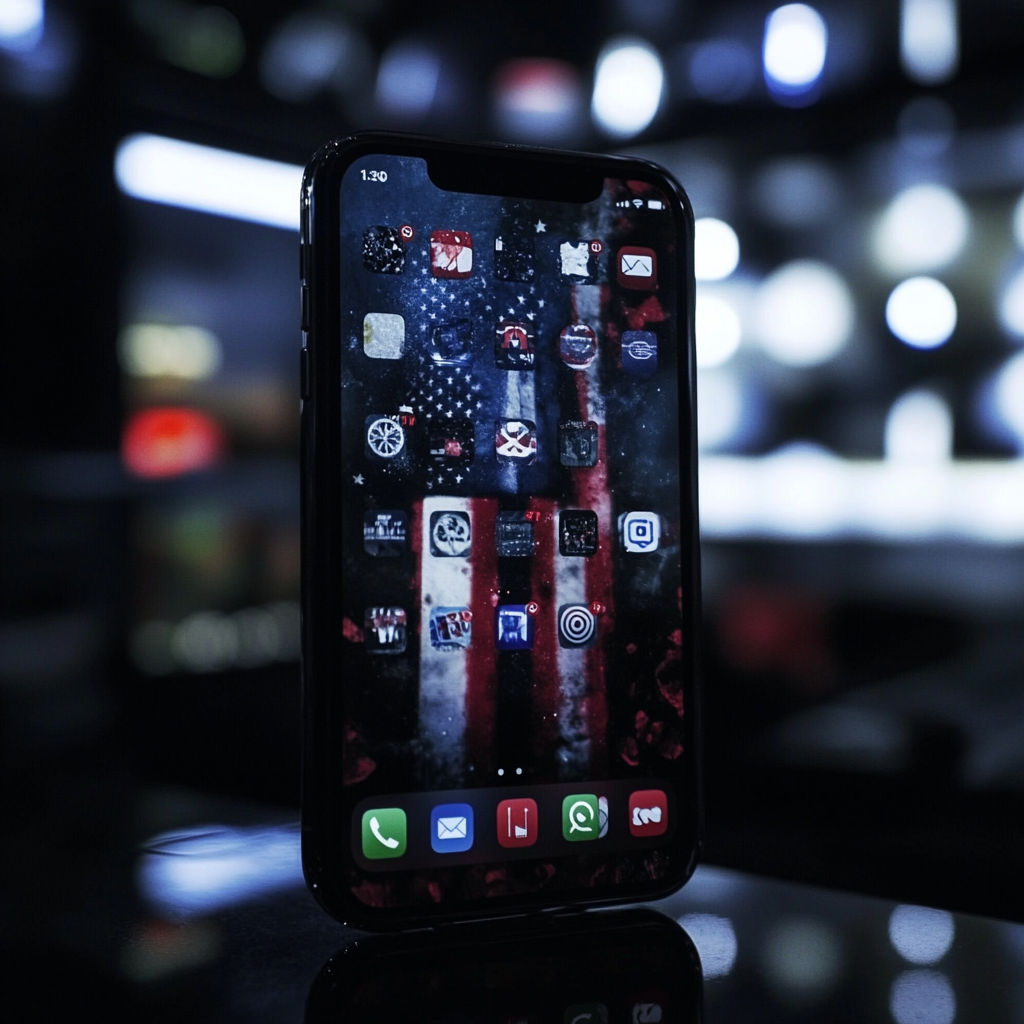 Een dramatische scène waarin een iPhone-scherm prominent in beeld is, met de iconen van TikTok, CapCut, en Lemon8 die langzaam in transparantie vervagen. De achtergrond is donker en dreigend, met een subtiele hint van een Amerikaanse vlag. De sfeer is geheimzinnig en uitdagend, met een focus op technologie en veiligheid. Geen tekst of woorden in de afbeelding.