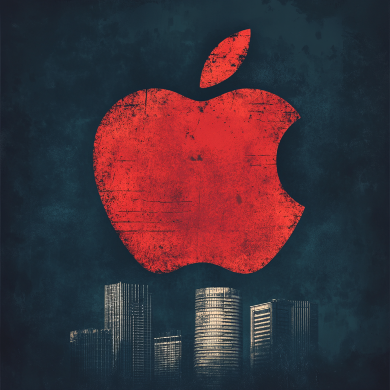 Een dramatische illustratie van een groot Apple-logo dat onder druk staat van een enorme hand met een hamer die het symbool van de Duitse vlag vasthoudt, boven een stadssilhouet dat verwijst naar een juridische strijd. De lucht is donker en onweerachtig, wat de sfeer van spanning en juridische uitdaging benadrukt. Geen tekst of woorden in de afbeelding.