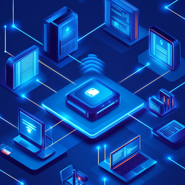 Een moderne kantooromgeving met meerdere medewerkers die verbonden zijn via laptops en apparaten, allemaal verbonden met een centrale VPN-router die de connectiviteit tussen verschillende vestigingen toont. De router straalt een blauw licht uit dat symbool staat voor beveiliging en connectiviteit. De sfeer is high-tech en dynamisch, zonder enige tekst of woorden in het beeld.