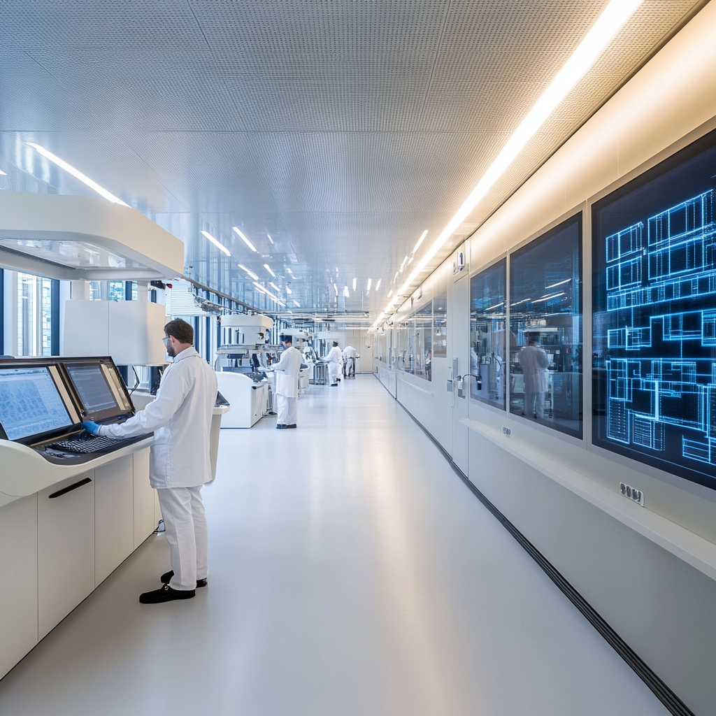 Een futuristisch laboratorium in Nederland, gevuld met geavanceerde chipmachines van ASML. Helder verlichte apparaten en complexe technologieën domineren de ruimte. Ingenieurs in witte jassen zijn geconcentreerd aan het werk, terwijl op de achtergrond grote schermen complexe technologische schema's tonen. De sfeer is innovatief en vooruitstrevend, met een gevoel van technologische superioriteit en precisie. Geen tekst of woorden in het beeld.