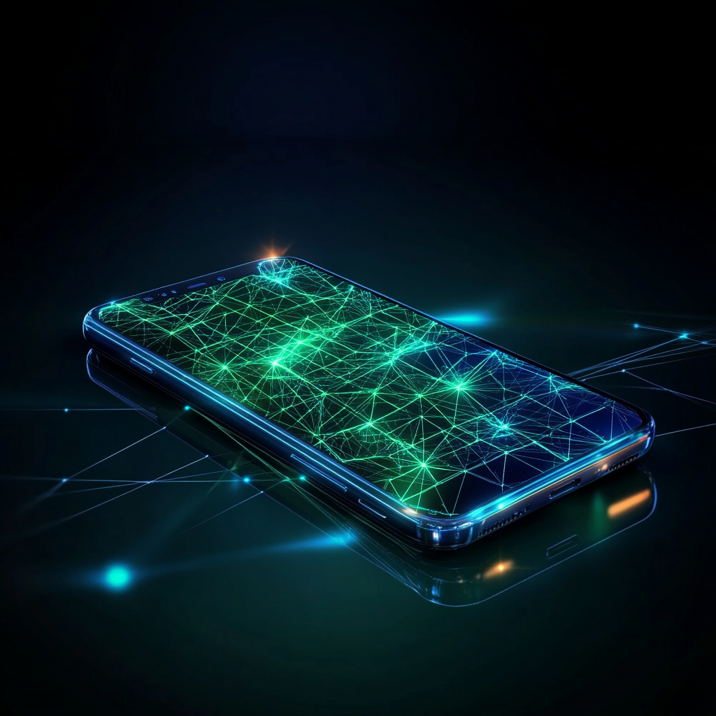 Een smartphone met een vergrendeld scherm dat symbool staat voor beveiliging. De achtergrond toont een digitaal netwerk met groene en blauwe tinten die veiligheid en technologie vertegenwoordigen. De sfeer is futuristisch en beschermend, zonder enige tekst of symbool van een merk. Het beeld straalt een gevoel van veiligheid en betrouwbaarheid uit in een technologisch geavanceerde wereld.