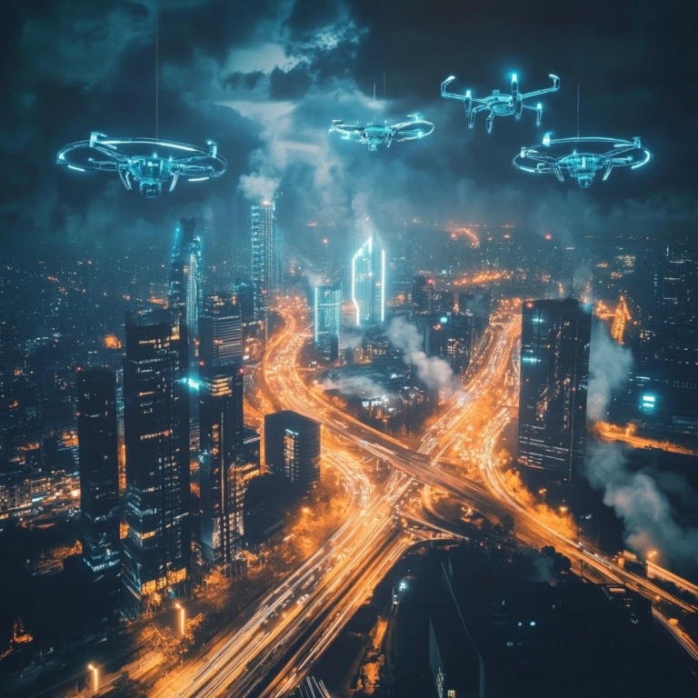 Een futuristisch stedelijk landschap dat de nacht verlicht met krachtige energiestromen en een bruisende digitale sfeer, aangedreven door AI-technologieën. Wolkenkrabbers verlicht met neonlichten, met drones en elektrische voertuigen die zich door de straten bewegen. De lucht is gevuld met energiepatronen die de connectiviteit en kracht van AI symboliseren. Het beeld straalt vooruitgang en technologie uit, zonder tekst of woorden weergegeven.