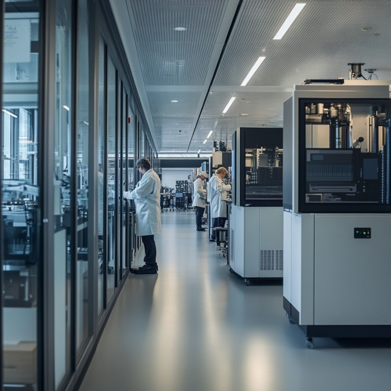 Een geavanceerde fabriekshal vol humanoïde robots die samenwerken met menselijke werknemers. De robots zijn futuristisch ontworpen, met slanke metalen lichamen en heldere LED-lampjes. De werkplek is modern, met een industriële uitstraling, veel glas en staal. De sfeer is high-tech en efficiënt, met een gevoel van samenwerking en vooruitgang. Geen tekst of woorden in de afbeelding.