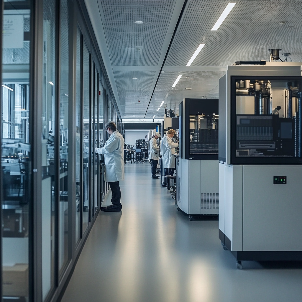 Een futuristische laboratoriumomgeving waar wetenschappers van IBM en L'Oréal samenwerken aan het ontwikkelen van duurzame cosmetica. Heldere kleuren, met een focus op high-tech apparatuur en natuurvriendelijke ingrediënten. De sfeer is innovatief en hoopvol, zonder enige tekst of woorden in de afbeelding.