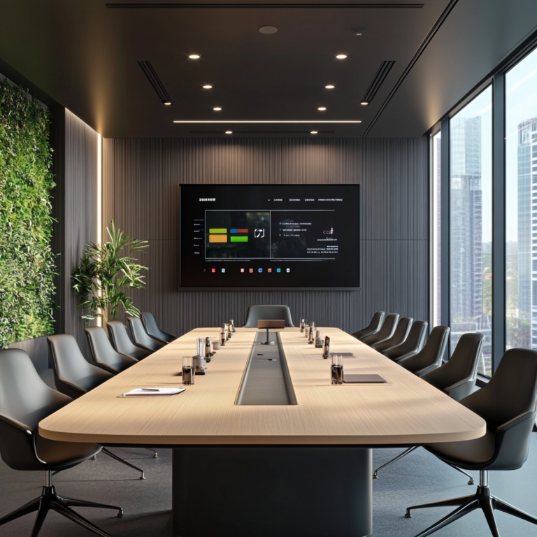 Een moderne vergaderruimte met Samsung topfunctionarissen die samenkomen rond een grote tafel. De sfeer is serieus en doelgericht terwijl zij een presentatie bekijken op een groot scherm dat aandelenkoersen en strategische plannen toont. De kamer is strak en futuristisch ingericht met Samsung-logo subtiel zichtbaar op laptops en andere apparatuur. De verlichting is helder en geeft een gevoel van vooruitgang en innovatie. Geen tekst of woorden in de afbeelding.