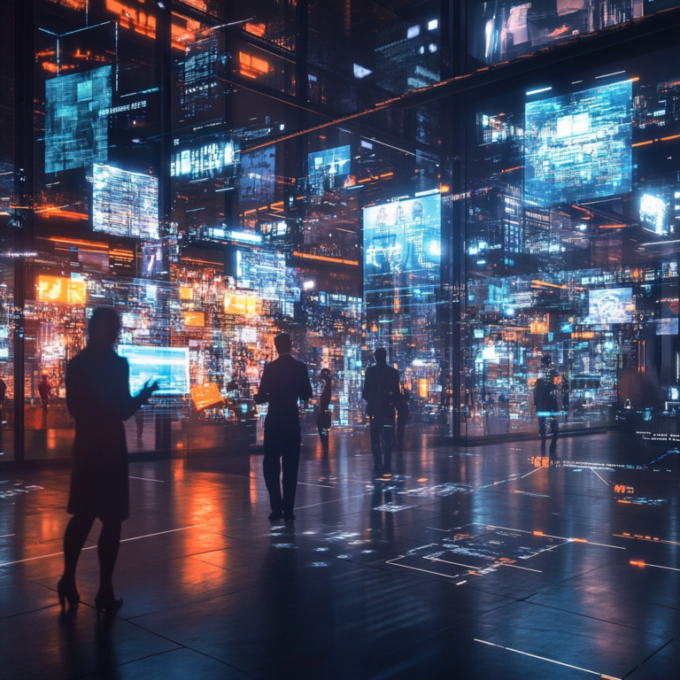 Een dynamische en levendige scène van Amerikaanse influencers die een nieuwe en spannende sociale media-app promoten, omringd door iconische beelden van sociale media-activiteit. De achtergrond bevat een stedelijke skyline, met kleurrijke accenten en een gevoel van anticipatie en verandering. Geen tekst of woorden in de afbeelding.