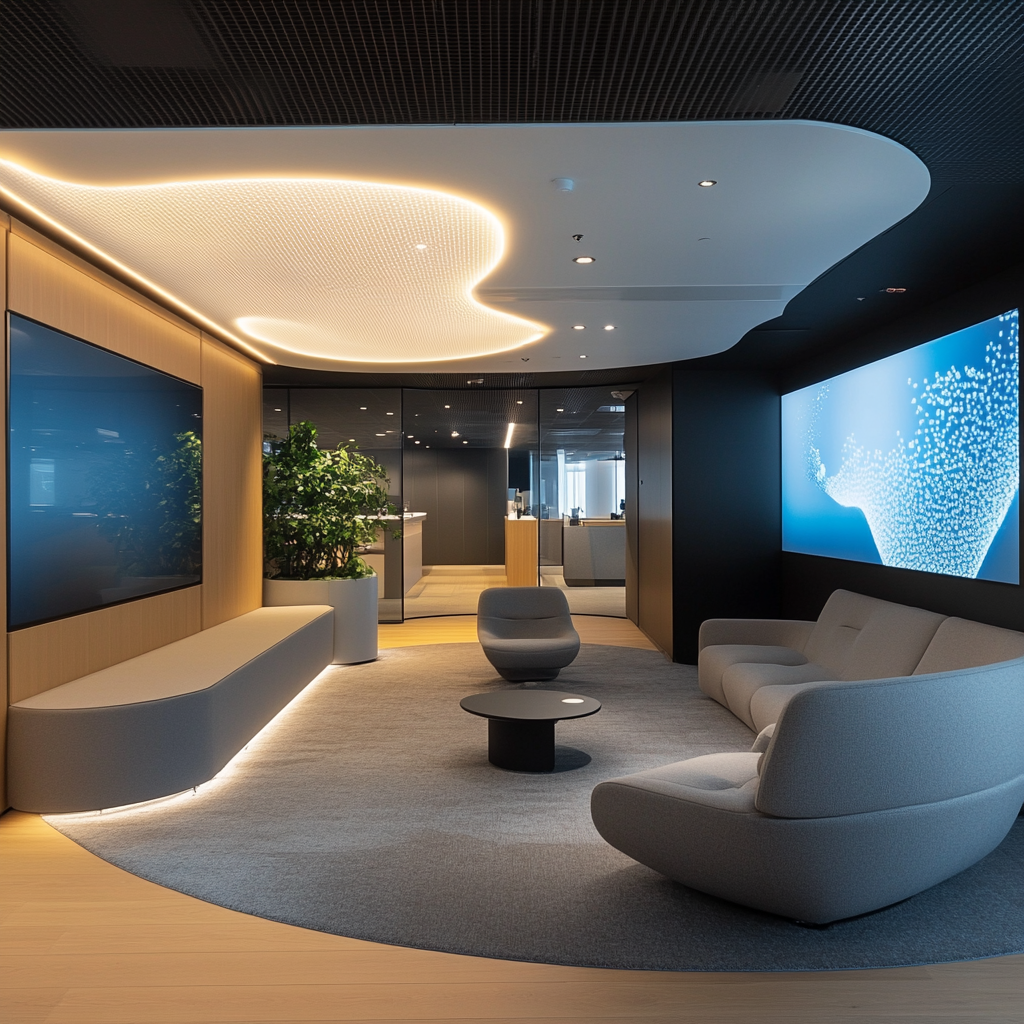 Een dynamische en moderne kantooromgeving van Sony, met Hiroki Totoki centraal in de scène, gefocust en vastberaden. Het interieur is strak en futuristisch, met grote schermen die Sony's iconische logo en beelden van hun entertainmentproducten tonen. De sfeer is innovatief en ambitieus, symboliserend de nieuwe richting onder Totoki's leiderschap. Geen tekst of woorden in de afbeelding.