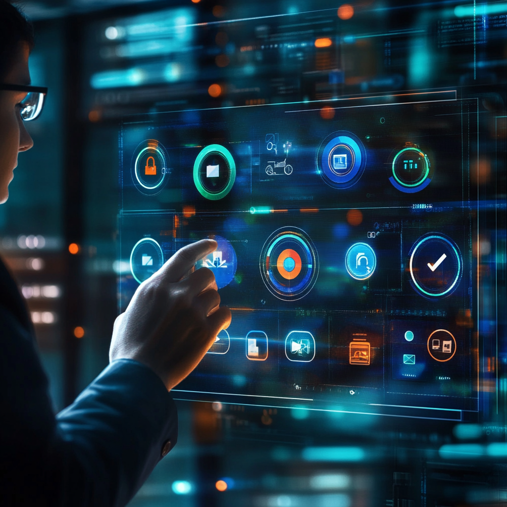 Een futuristische afbeelding van een IT-admin die een digitale interface beheert met diverse iconen van Chrome-extensies. De achtergrond toont een groot, verlicht Google-logo. De sfeer is high-tech en dynamisch, met een mix van blauw- en groentinten die de digitale wereld symboliseren. Geen tekst of woorden in de afbeelding.