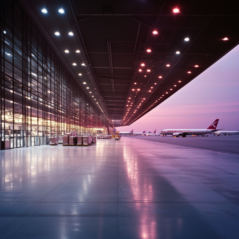 Afbeelding van een levendig en gedetailleerd luchthavenlandschap in de schemering, met Qatar Airways vrachtvliegtuigen klaar voor vertrek. De luchthaven is druk met activiteiten, zoals laad- en losprocessen, met logistiek personeel in fluorescerende vesten. In de achtergrond zie je stapels pakketten klaar voor verzending. De sfeer is dynamisch en energiek, weerspiegeld in de warme kleuren van de zonsondergang en de helder verlichte landingsbanen. Geen tekst of woorden in de afbeelding.