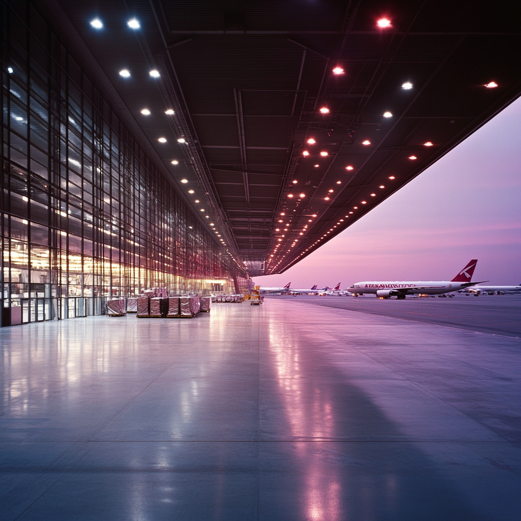 Afbeelding van een levendig en gedetailleerd luchthavenlandschap in de schemering, met Qatar Airways vrachtvliegtuigen klaar voor vertrek. De luchthaven is druk met activiteiten, zoals laad- en losprocessen, met logistiek personeel in fluorescerende vesten. In de achtergrond zie je stapels pakketten klaar voor verzending. De sfeer is dynamisch en energiek, weerspiegeld in de warme kleuren van de zonsondergang en de helder verlichte landingsbanen. Geen tekst of woorden in de afbeelding.