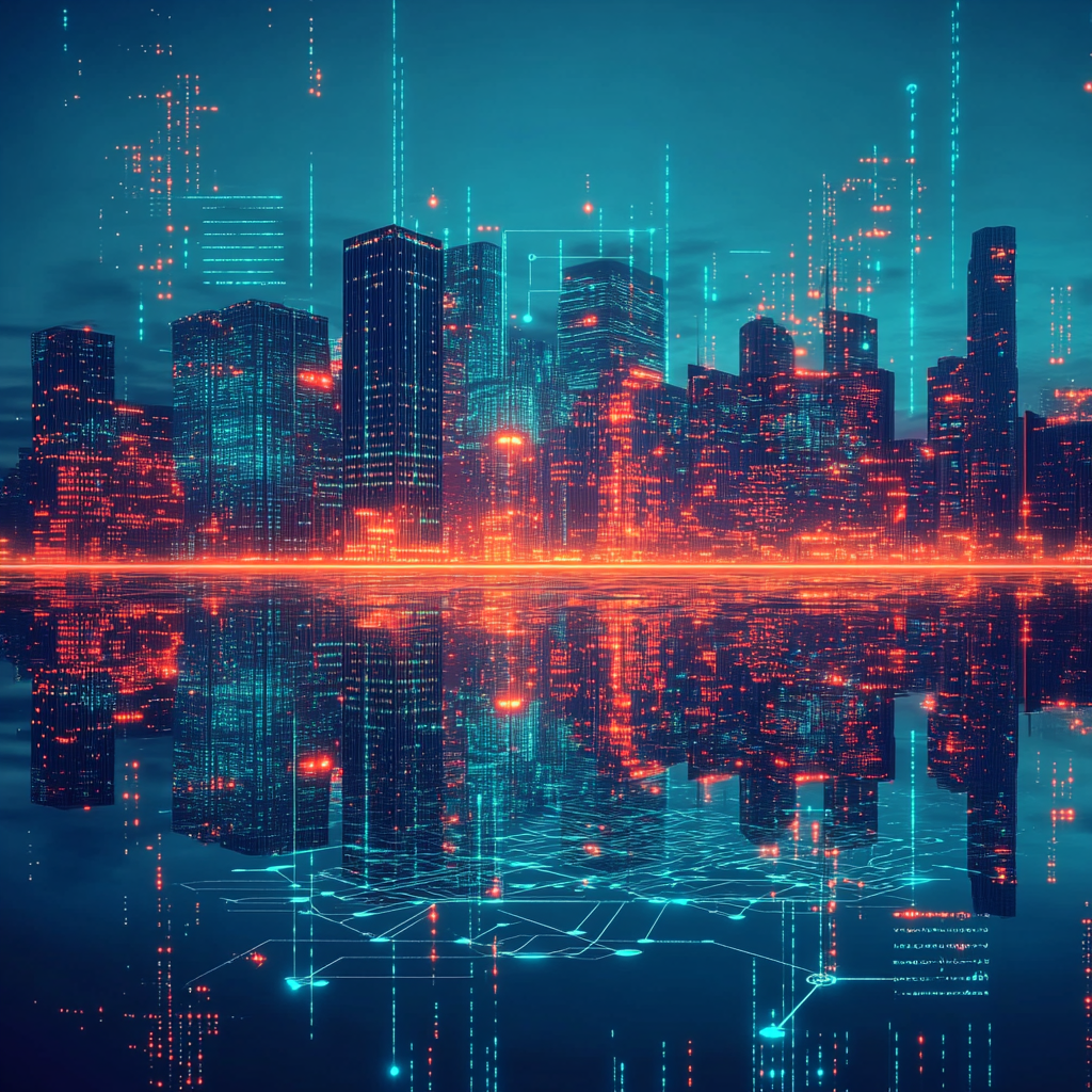 Een dynamisch en modern kantoorscène met een jonge, veelbelovende zakenman, symbool voor de aanstaande verandering en innovatie in de bedrijfswereld. De setting is gevuld met futuristische elementen, levendige kleuren en een gevoel van verheven anticipatie. De sfeer is energiek en inspirerend, zonder tekst of woorden in de afbeelding.