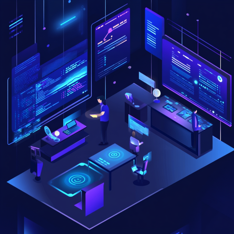 Een dynamische en spannende afbeelding van een moderne digitale technologieomgeving, waarin elementen van data-analyse, cybersecurity, en kunstmatige intelligentie zichtbaar zijn. Visualiseer een onderzoeksscène waarin een team van professionals werkt aan het ontcijferen van complexe datastromen op grote schermen in een high-tech kantooromgeving. De sfeer is intens en gefocust, met een hint van futuristisch design. Geen tekst of woorden in de afbeelding.