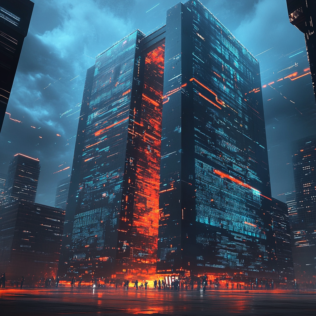 Een dramatische afbeelding van een futuristische kantoorgebouw dat symbool staat voor een bedrijf dat slachtoffer is geworden van een cyberaanval. Donkere en dreigende sfeer met digitale elementen die het gevoel van een cyberinbraak weergeven. Een netwerk van gloeiende lijnen en codes die over de afbeelding verspreid zijn, suggererend dat digitale gegevens worden gestolen of versleuteld. De kleuren zijn voornamelijk blauw en zwart, met flitsen van rood om gevaar en urgentie te benadrukken. Geen tekst of woorden in de afbeelding.