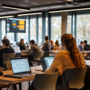 Een dynamische en moderne kantooromgeving waar een team van enthousiaste jonge professionals werkt aan computers. In het midden van de ruimte staat een groot scherm met een grafiek die een stijgende trend laat zien, omgeven door blije gezichten. De sfeer is energiek en optimistisch, met veel licht en moderne meubels. Geen tekst of woorden in de afbeelding.