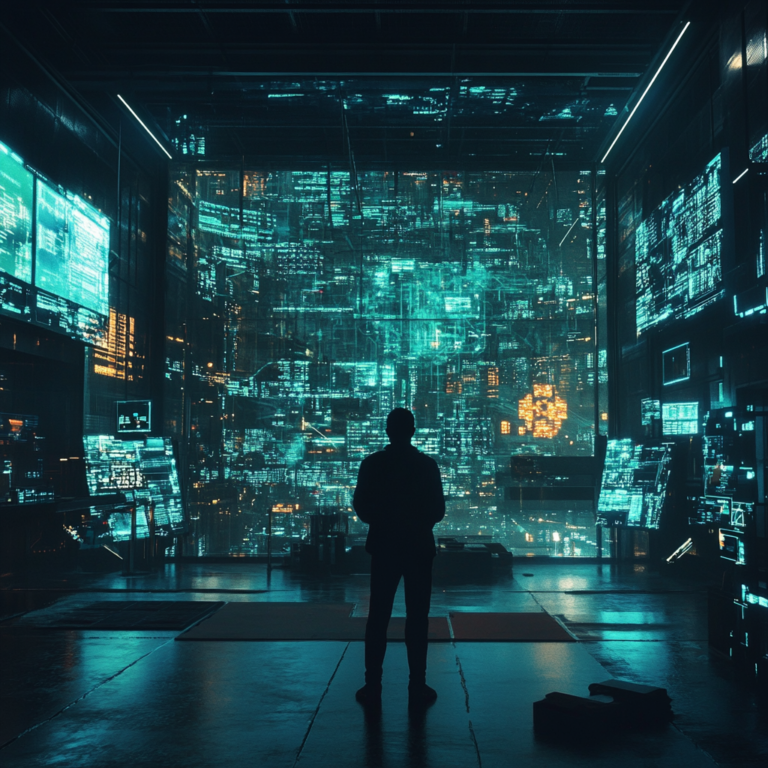 Een dynamische en futuristische scène waarin de CEO van een enorm investeringsfonds, met een vastberaden blik, een symbolisch schaakbord opzet met grote, glanzende schaakstukken die high-tech gadgets en digitale elementen voorstellen. De achtergrond toont de skyline van een Amerikaanse stad verlicht in de avond, met glinsterende wolkenkrabbers die de technologische vooruitgang symboliseren. De sfeer is visionair en strategisch, met een gevoel van innovatie en risico. Geen tekst of woorden in de afbeelding.