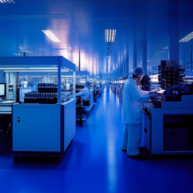 Een futuristische chipfabriek van Advantest Corp., verlicht door het blauwe licht van elektrische apparatuur en lasers. De afbeelding toont complexe halfgeleiderapparaten en mensen in witte labjassen die samenwerken aan high-tech machines. Op de achtergrond zijn grote schermen met AI-geïllustreerde gegevensvisualisaties te zien. De sfeer ademt innovatie en technologische vooruitgang, zonder enig tekst of woorden in de afbeelding.