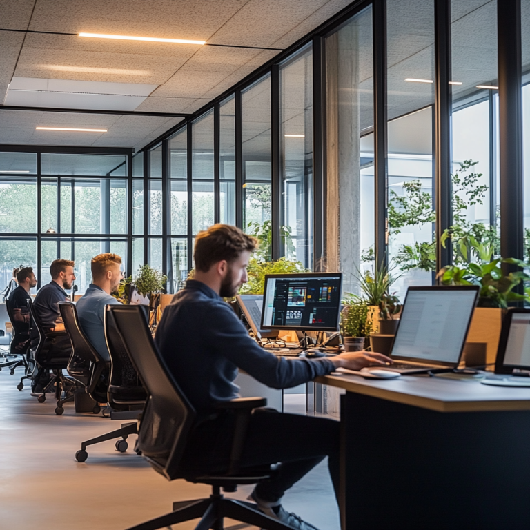 Een dynamisch en modern kantoorlandschap, waar een team van ingenieurs en beveiligingsspecialisten van Passbolt samenwerken in een high-tech omgeving. Computers en schermen tonen complexe datastructuren en wachtwoordbeheerconfiguraties. De sfeer is levendig en innovatief, met een focus op technologie en samenwerking. Geen tekst of woorden in de afbeelding.