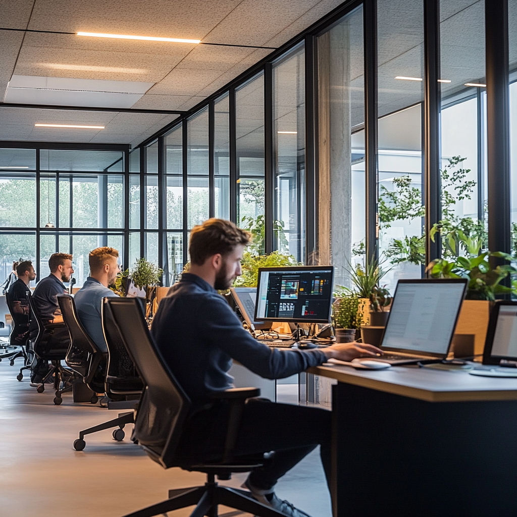 Een groep werknemers in een modern kantoor, enkele medewerkers kijken op een digitale kaart van de Verenigde Staten waar Texas op is gemarkeerd, terwijl anderen betrokken zijn bij een levendige discussie. Het kantoor heeft glazen wanden en moderne meubels. De atmosfeer is nieuwsgierig en anticiperend, met een gespannen maar opgewonden sfeer. Geen tekst of woorden in de afbeelding.