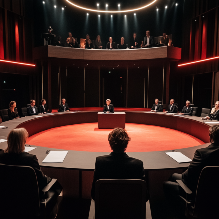 Een intens en dramatisch rechtbankgevecht tussen twee rivaliserende financiële bedrijven. De scène toont advocaten in druk debat, een rechter die aandachtig luistert, en een volle tribune met toeschouwers. De sfeer is gespannen en geladen, met een focus op de elegante inrichting van de rechtszaal, de formele kleding van de aanwezigen, en de felle blikken van de tegenstanders. Er is geen tekst of woorden in de afbeelding.