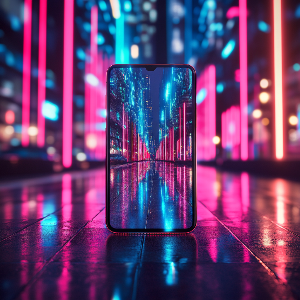 Een elegante smartphone in een minimalistisch design, met een groot, helder scherm dat levendige kleuren weergeeft. De achtergrond toont een futuristisch stadsbeeld met neonlichten en high-tech architectuur, wat de geavanceerde technologie en stedelijke stijl van de ASUS Zenfone 12 Ultra symboliseert. Het toestel ligt op een glad, glanzend oppervlak, zonder tekst of woorden in de afbeelding, in een sfeer van luxe en moderniteit.